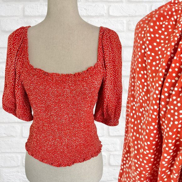 Loft Smocked Peasant Top Balloon Short Sleeves Red White Polkadots Size Large - Picture 1 of 9